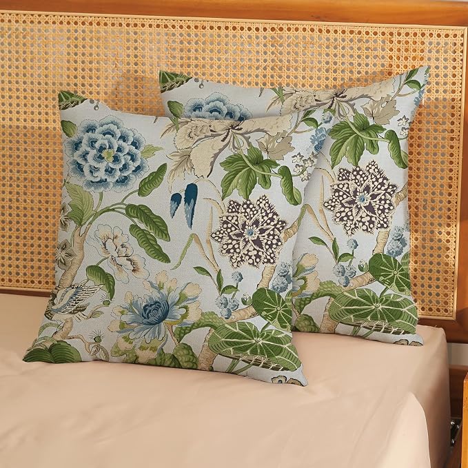 Baby Blue Green Pillow Covers 20x20 Inch Set of 2 Vintage Blue Floral Throw Pillows Chinoiserie Flower Decorative Pillow Case Outdoor Linen Farmhouse Cushion Cover for Couch Sofa Decorations