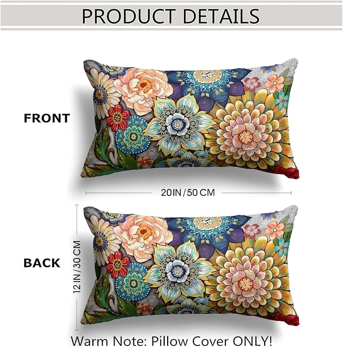 Snycler Boho Floral Throw Pillow Covers Set of 2 Colorful Boho Flower Decorative Cushions Pillowcase for Bedroom Sofa Home Decor, 12x20 Inch, Velvet, Short Plush