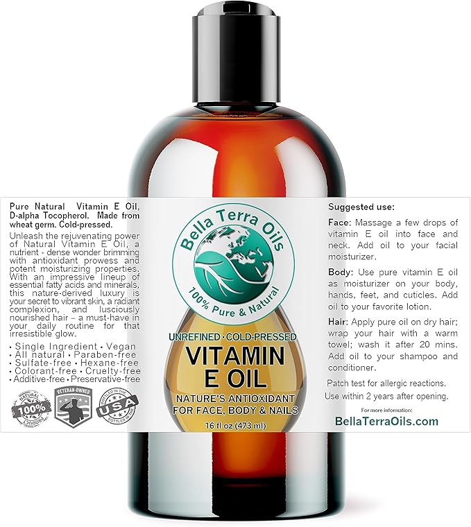 Bella Terra Oils - Organic Vitamin E Oil 16 oz - Premium D-Alpha Tocopherol Extract, Packed with Essential Nutrients & Fatty Acids, Elevate Your Skincare Ritual
