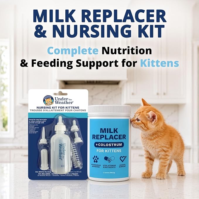 Under the Weather Kitten Milk Replacer Powder + Nursing Bottle Kit | Milk Replacement Formula with Colostrum, Feeding Bottle, 5 Nipple Sizes & Cleaning Brush | Complete Newborn Kitten Feeding Set