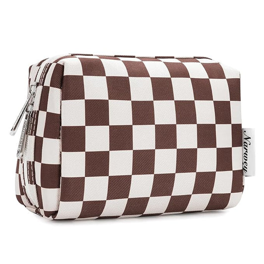 Narwey Small Checkered Makeup Bag for Purse Mini Cosmetic Bag Travel Makeup Pouch Zipper Pouch Cute Make up Bags with Compartments for Women Girls (Dark Checkerboard, Small)