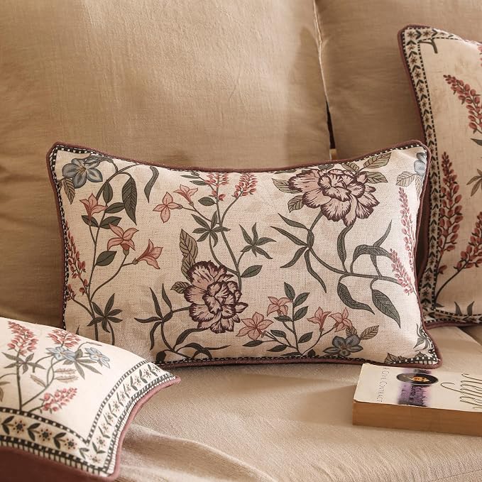 Designer Vintage Linen Throw Pillow Cover,20"x12"-Helena B | Elegant French Rectangle Pillow Cover,Concealed Zipper Design,Floral Pattern,Sofas,Bedroom,Living Room,Lounge Chairs