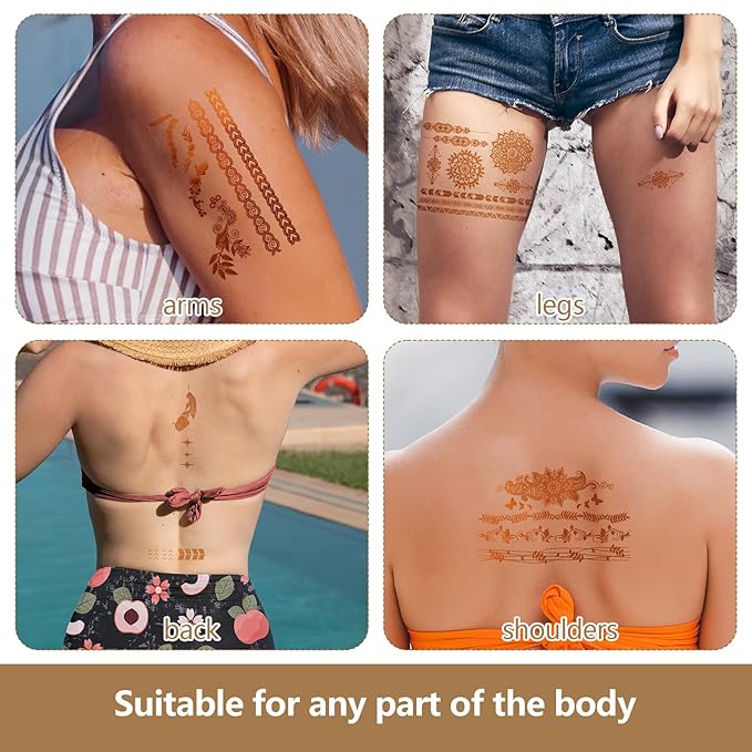9 Sheets Gold Tattoos Temporary,Lasting Gold Tattoos for Women, Flash Glitter Body Art Temporary Tattoo for Festivals, Parties, and Cosplay Festival Accessories