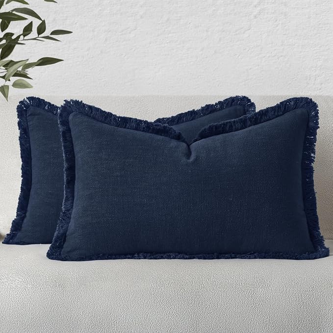 MIULEE Linen Fringe Decorative Lumbar Throw Pillow Covers Dark Navy 12x20 | Set of 2, Cottagecore Decor, Boho Farmhouse Coastal Pillow Covers, Rustic Couch Cushion Cases for Sofa Bed Living Room