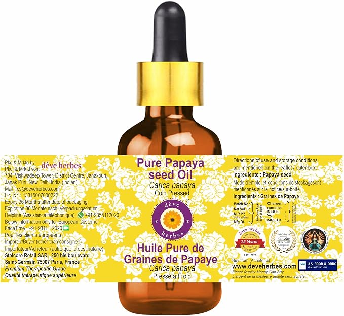 dève herbes Pure Papaya Seed Oil (Carica Papaya) with Glass Dropper Cold Pressed (Pack of Three) 100ml X 3 (10 oz)