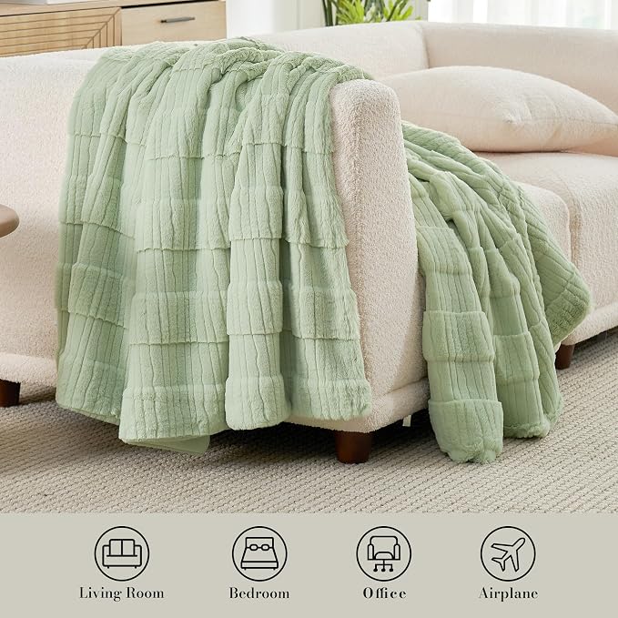 Luxury Striped Faux Fur Throw Blanket for Bed Queen Size, Soft Cozy Fuzzy Fluffy Plush Gift Blankets for Women, 88"x90", Sage Green