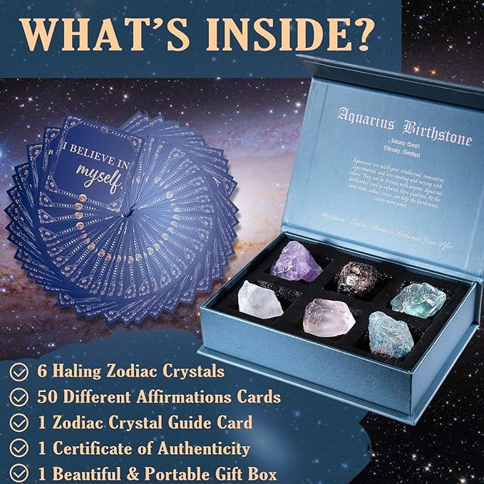 Faivykyd Aquarius Crystals Gift for Women - 6 Aquarius Zodiac Stones w/ 50 Miracle Mantras Affirmation Cards, Healing Astrology Gifts for Promoting Positive Energy, Self-Care & Love