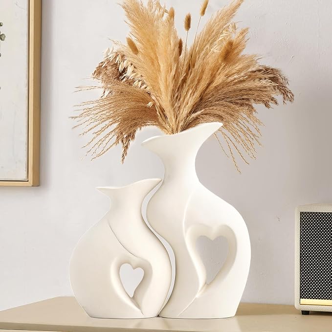 XL White Flower Vases, Nordic Heart Shaped Ceramic Vase Set of 2 | Modern Home Decor, Table Centerpiece, Dining Living Room Office Coffee Table, Wedding House Decoration,H 10.1 inches