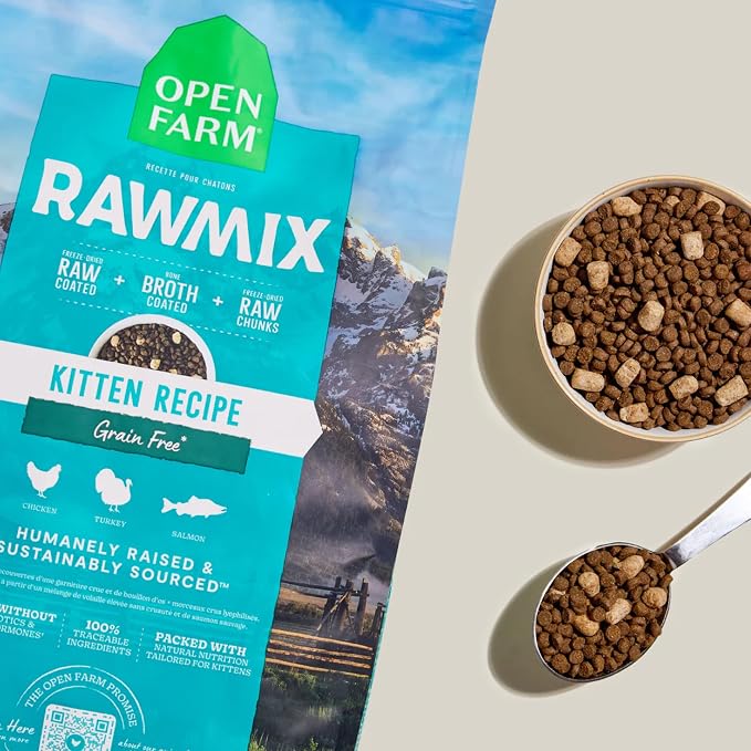 Open Farm RawMix Dry Cat Food, Grain Free Kibble for Kittens, 8lb Bag | Humanely-Raised Chicken & Turkey, Wild-Caught Salmon, Freeze Dried Raw Chunks, Traceable Ingredients, Non-GMO Produce.