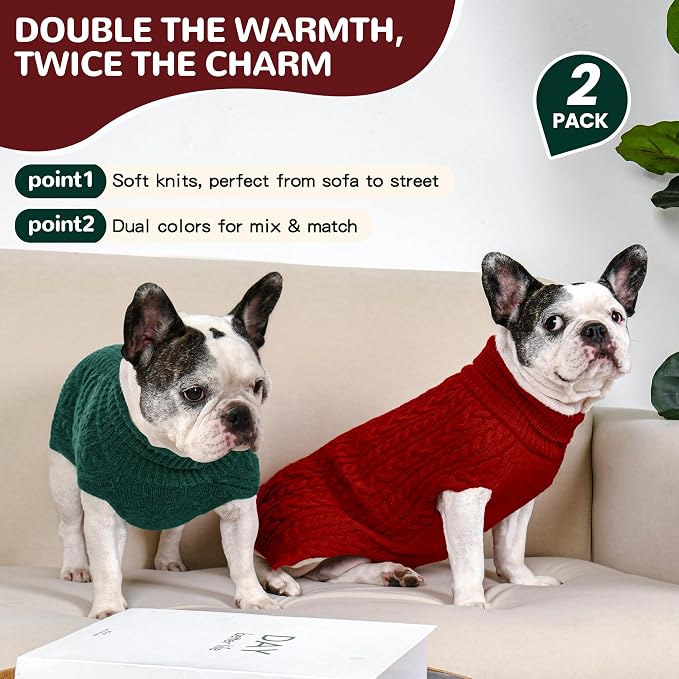Dog Sweater 2 Pack for Medium Dogs, Size L, Red & Green | Stretchy cable knit turtleneck, machine washable, high belly cut, comfy winter fit for French Bulldog, Corgi