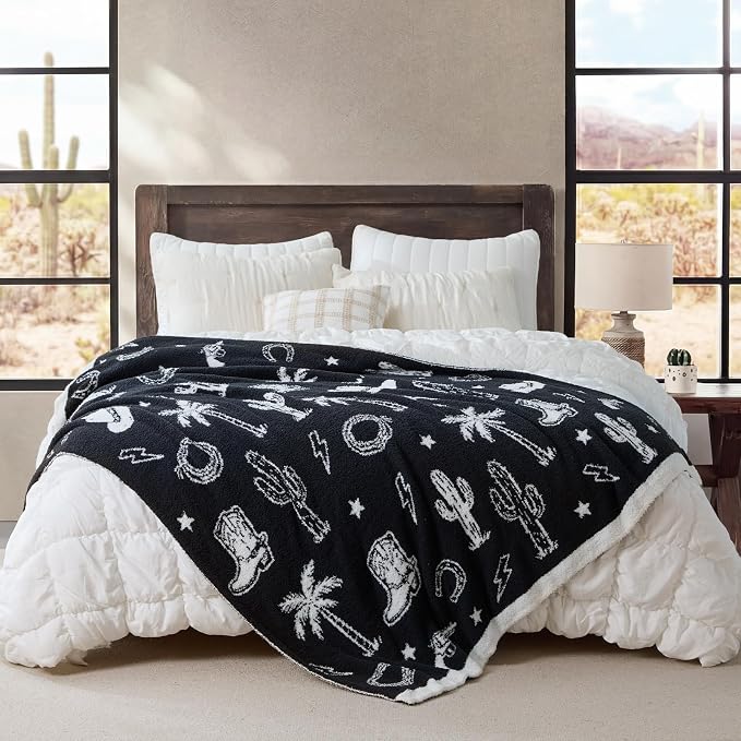 Snuggle Sac Ultra Soft Western Blanket Twin Size - Oversized Reversible Black Cowgirl Bedding Blanket, Western Pattern Throw Blankets for Bed, Sofa, Couch, 60x80 inches