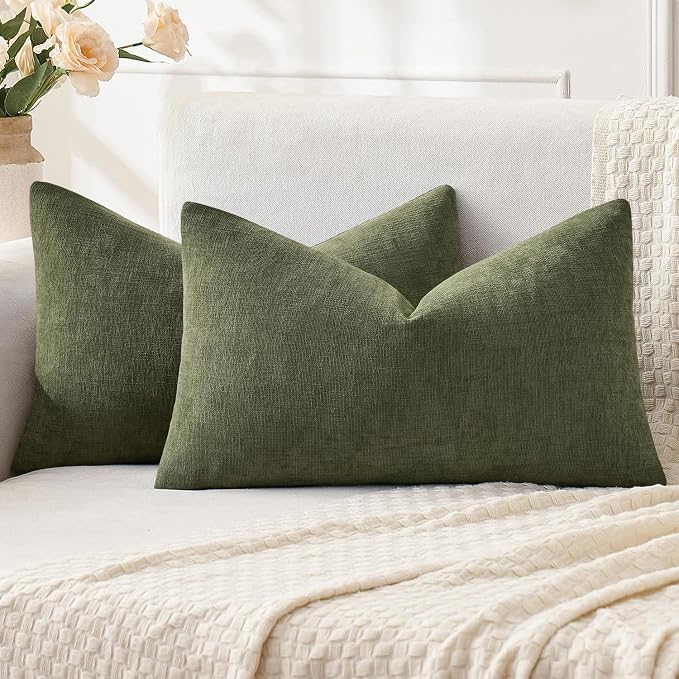 MIULEE Olive Green Chenille Couch Lumbar Throw Pillow Covers, 12x20 | Set of 2, Soft Modern Farmhouse Style, Decorative Pillowcases for Sofa Living Room Bed, Home Decor