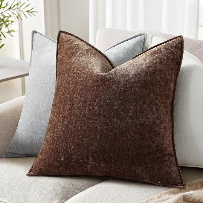 decorUhome Chenille Dark Brown Velvet Throw Pillow Covers 26x26 Set of 2 | Fall Soft Euro Sham Couch Decorative Modern Farmhouse Pillow Cases with Elegant Design for Sofa Bed Living Room Home Decor