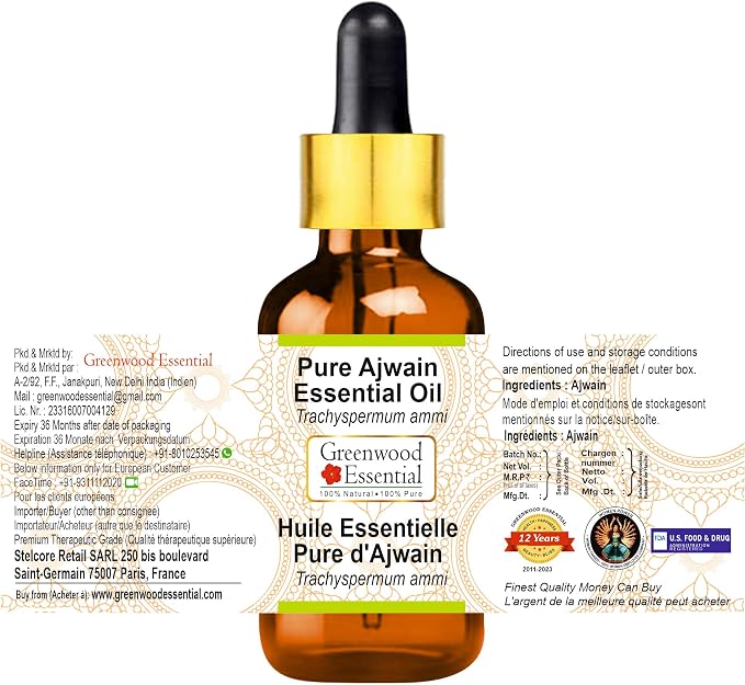 Greenwood Essential Ajwain Essential Oil (Trachyspermum ammi) with Glass Dropper | Pure | Non-Sticky | Non-Greasy | Lightweight | Men & Women | All Skin Types | Steam Distilled 100ml (3.38 oz)