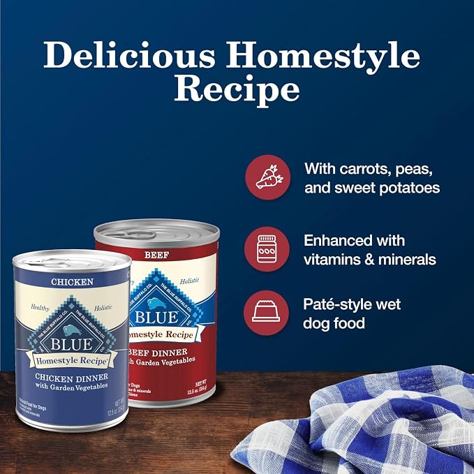 Blue Buffalo Homestyle Recipe Adult Wet Dog Food,Made with Natural Ingredients,Chicken and Beef Dinner Variety Pack,12.5-oz Cans,(Pack of 12)