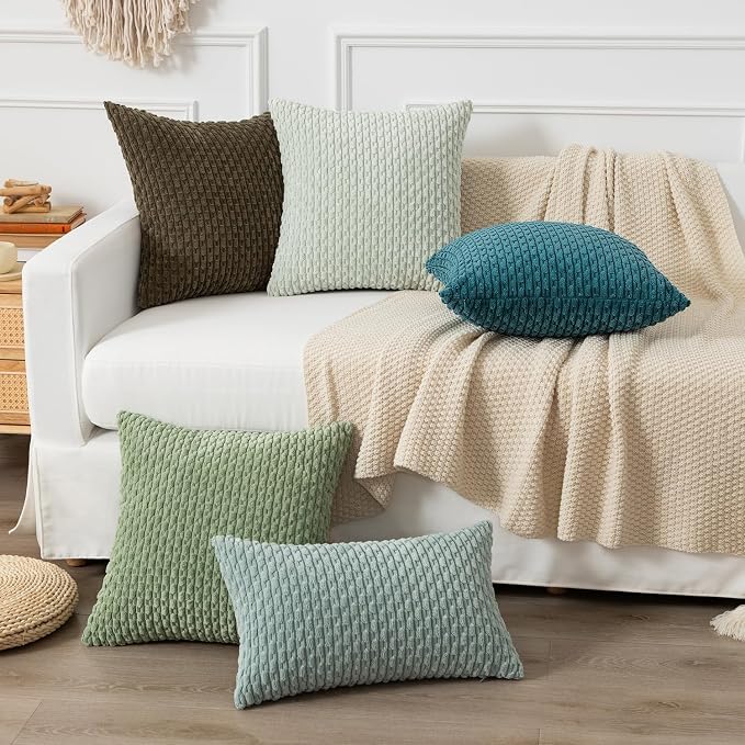 Kevin Textile Soft Corduroy 16"x24" Lumbar Pillow Cover 1 Pack, Teal Blue | Boho Stripe Plush Corduroy Decorative Oblong Cushion Cover Modern Farmhouse Home Decor for Sofa Couch Bed Chair