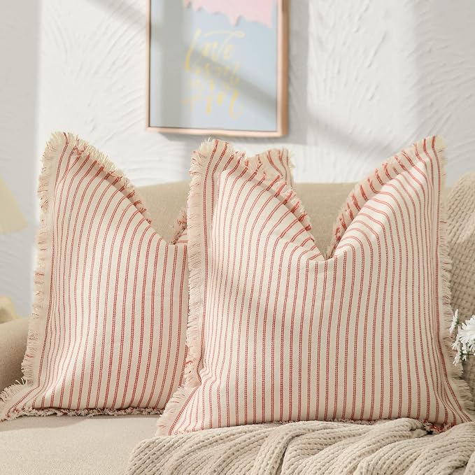 Red Throw Pillow Covers 22x22 Set of 2 Striped Pillow Covers with Fringe Chic Cotton Decorative Pillows Square Cushion Covers for Sofa Couch Bed Living Room Farmhouse Decor