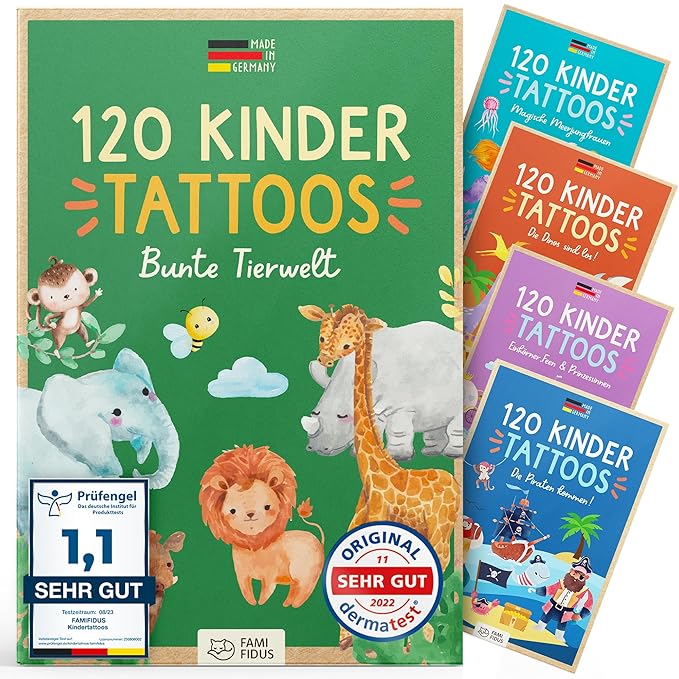 120 Skin-friendly Kids Tattoos - Dermatologically Tested & Rated VERY GOOD - Made in Germany - Our Temporary Tattoos for Kids (Animals Theme)