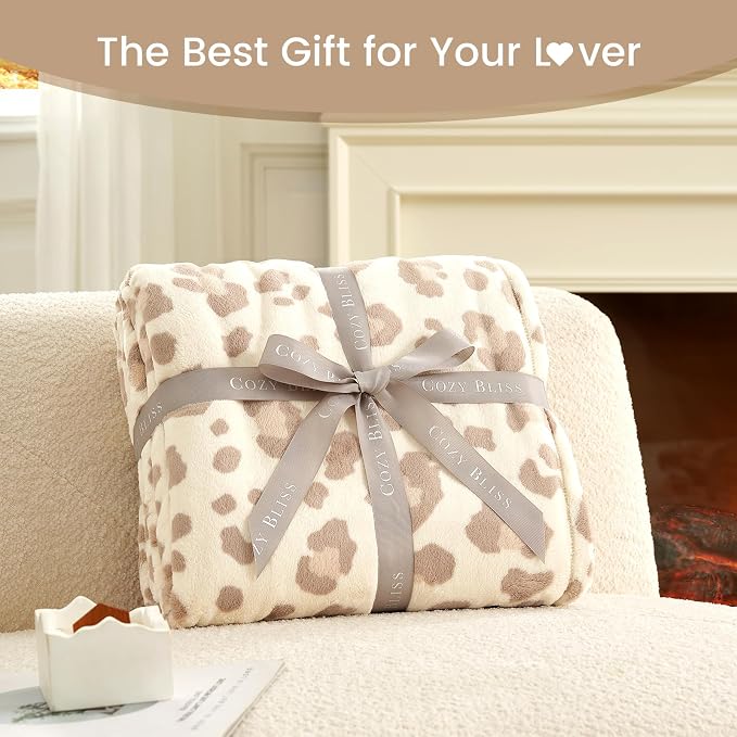 Cozy Bliss Leopard Print Fuzzy Throw Blanket for Couch & Bed, Thick Soft Warm Fleece Blankets for Room Decor, for Kids, Women Men Girls, Khaki Brown Cheetah 50"*60"