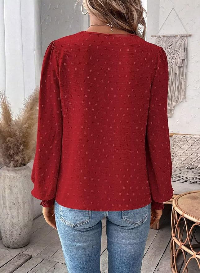 Womens Tops Swiss Dot Boho Long Sleeve Shirts V Neck Casual Chiffon Blouses Flowy Lace Hem Cute Clothing Trendy 2026