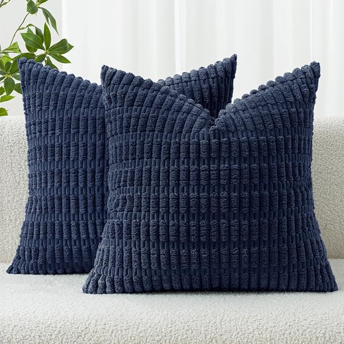 MIULEE Euro Sham Corduroy Decorative Throw Pillow Covers 24x24 Navy Blue | Pack of 2 Soft Boho Striped Pillow Covers Modern Farmhouse Coastal Home Decor For Sofa Living Room Couch Bed