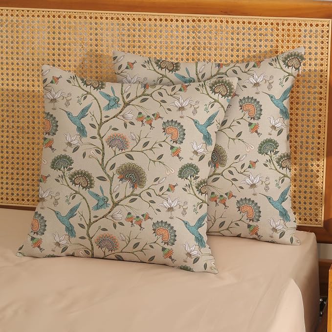 Chinoiserie Pillow Covers 18x18 Inch Set of 2 Blue Green Bird Floral Throw Pillows Vintage Plants Flower Decorations Pillow Cases Outdoor Chinoiserie Decor Linen Cushion Cover for Couch Home