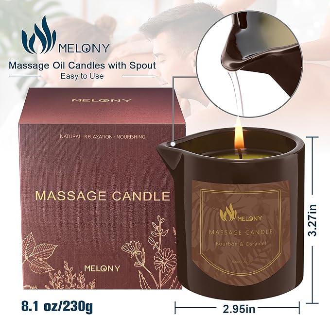 MELONY Massage Oil Candle, Bourbon & Caramel, 8.1 oz | Pure Relaxation, Moisturizing Essential Oil, For Home Spa, Gift For Women & Men