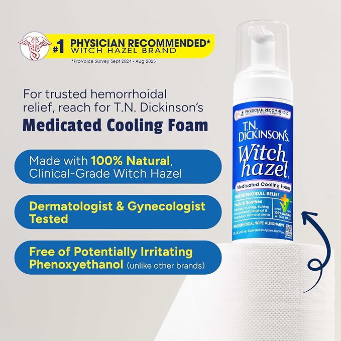 T.N. Dickinson's Medicated Cooling Foam with Witch Hazel | Hemorrhoid Treatment & Postpartum Relief | Feminine & Rectal Care | Aloe-Infused | 5 Fl Oz