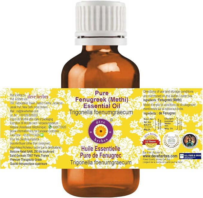 Deve Herbes Pure Fenugreek (Methi) Essential Oil (Trigonella foenumgraecum) Steam Distilled 15ml (0.50 oz)