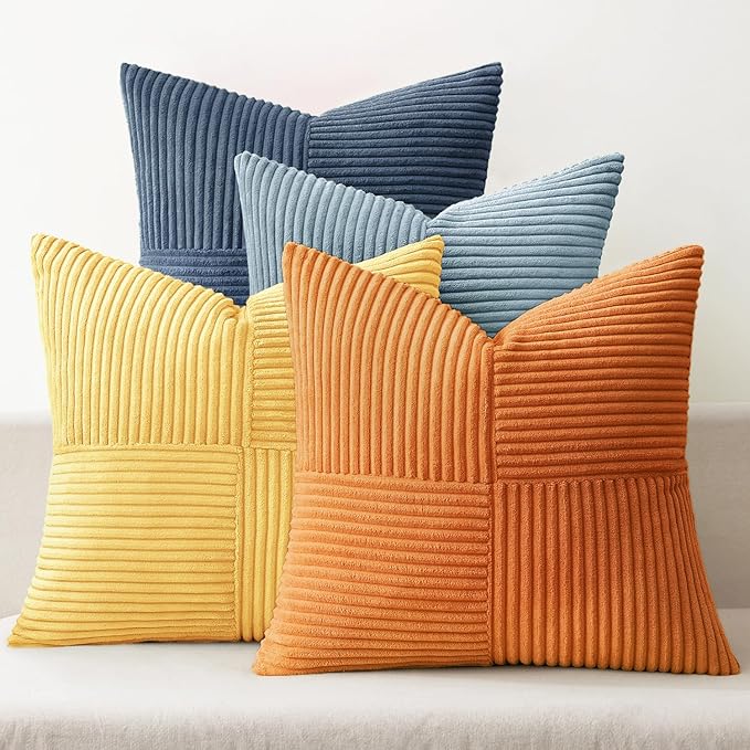MIULEE Summer Yellow Blue Decorative Throw Pillow Covers 18x18 Inch Set of 4 Soft Corduroy Boho Patchwork Pillow Covers Modern Farmhouse Bright Home Decor for Sofa Living Room Couch Bed