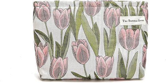 The Summer Swan | Large Aesthetic Makeup Bag Floral Mid-day Clutch Period Kit Hygiene Skincare Cute (Burgundy Tulip)