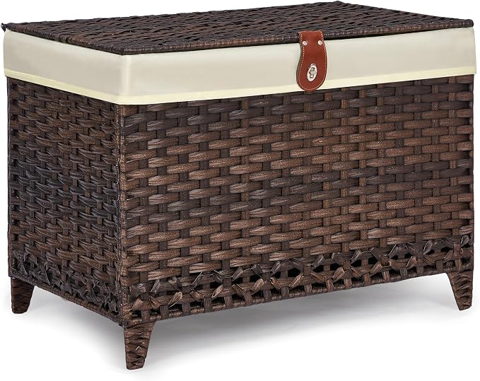 Wicker Storage Basket with Lid, 160L Shelf Basket with Removable Liner Bag | Rattan-Inspired Woven Design, Elevated Feet, Storage Trunk for Wardrobe, Bedroom & Home Organization