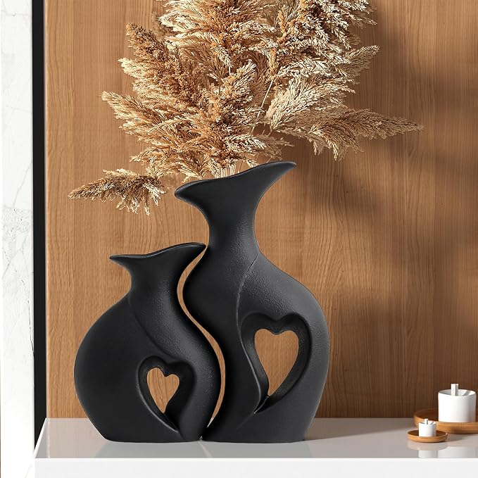 Black Ceramic Vase Set of 2, Heart Shape Home Decor Flower vase | Filled With Love, Modern Minimalist Bohemian, Matte Ceramic, For Dinner Table Bookshelf Console Decorative Vase