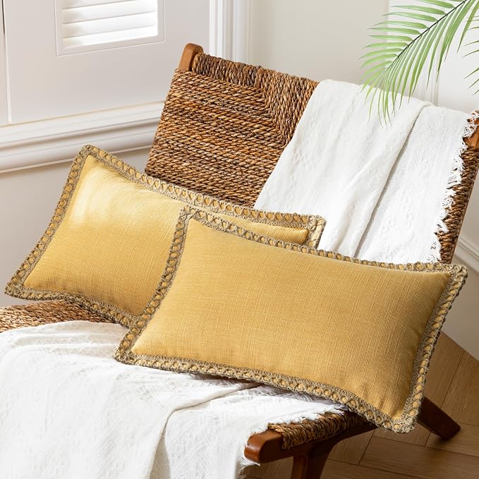 Phantoscope Pack of 2 Farmhouse Decorative Throw Decorative Pillow Cover Burlap Linen Trimmed Tailored Edges, Mustard Yellow, 12 x 20 inches, 30 x 50 cm