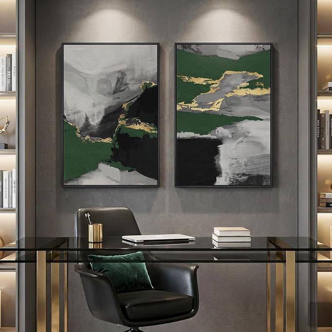 Large Framed Green Abstract Wall Art, 2 Piece Modern Canvas Prints Paintings, Black and Gray Pictures with Gold Accents for Living Room Hallway Dining Room Bedroom Office Wall Decor 24x36 In