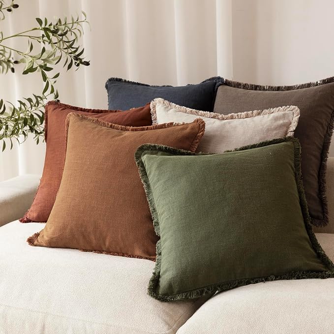 Foindtower Set of 2 Decorative Linen Fringe Throw Pillow Covers Boho Farmhouse Cushion Cover with Tassels Soft Accent Pillowcase for Couch Sofa Bed Living Room Home Decor,18×18 Inch,Orange Brown