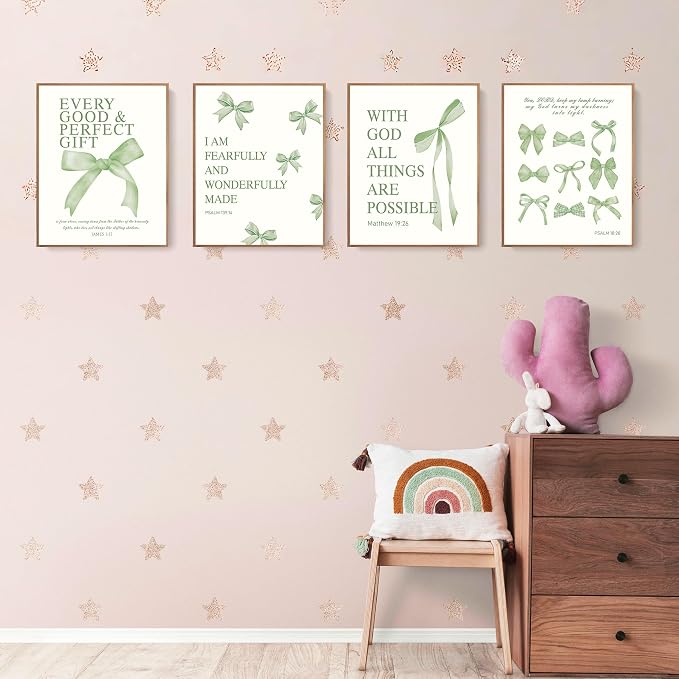 LARTSFRO Coquette Sage Green Bow Wall Art Decor Posters, Sage Green Bow Room Bedroom Bathroom Dorm Wall Art Decor Aesthetic for Teen Girls Gifts, Inspirational Bible Verses Bow Wall Decor, 10x8 Inch Set of 4 Pcs Bow Pictures (UNFRAMED)