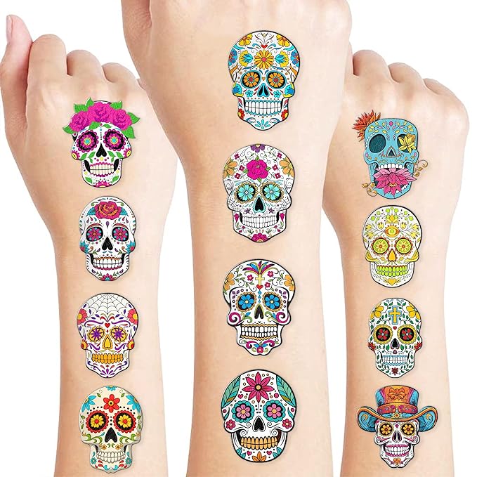 Skull Temporary Pre-Cut Tattoos for Kids – 60 PCS (5 Sheets) Fiesta Sugar Skull Party Favors, Mexican Day of the Dead Decorations, Cute Stickers for Baby Girls Boys, Classroom School Carnival Supplies