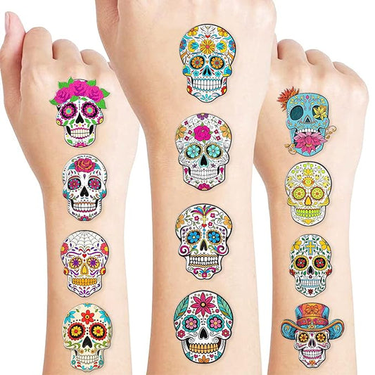 Skull Temporary Pre-Cut Tattoos for Kids – 60 PCS (5 Sheets) Fiesta Sugar Skull Party Favors, Mexican Day of the Dead Decorations, Cute Stickers for Baby Girls Boys, Classroom School Carnival Supplies