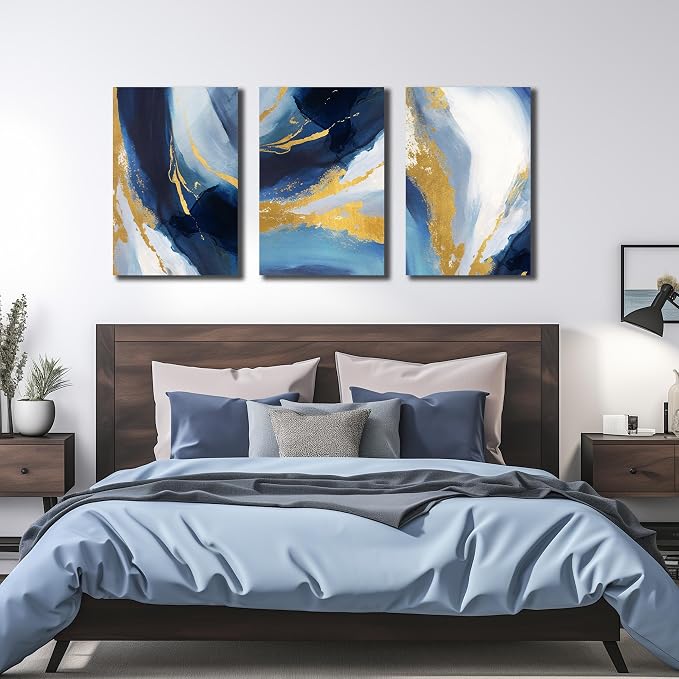 DNIEOTU Abstract Canvas Wall Art for Living Room, Blue and Gold Picture Prints Wall-Decor for Bedroom, Size 16 x 24 Inches 3-Pieces