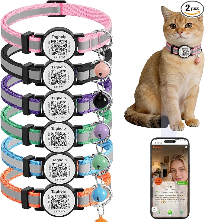 6 Pack QR Code Cat Collar - Breakaway Reflective Collars with Bell & Online ID Profile, Double Protection Set for Multiple Cats, Mixed Colors