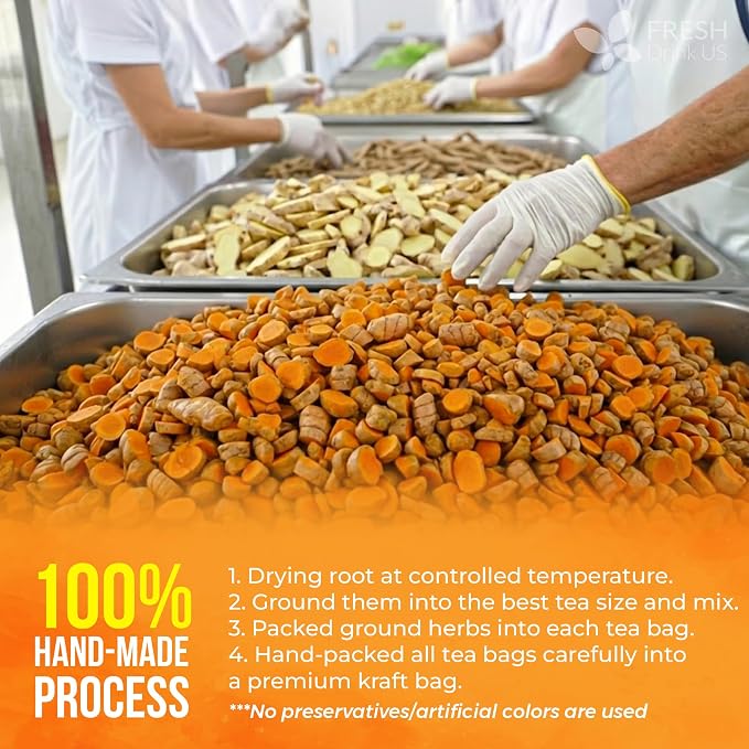 FreshDrinkUS, Premium 135 Ginger Turmeric Tea Bags, 100% Natural Ingredients, Hand-made Blend of Ginger and Turmeric Herbal Tea, Eco-conscious Tea Bags. No Sugar, No Caffeine, No Gluten, Vegan.