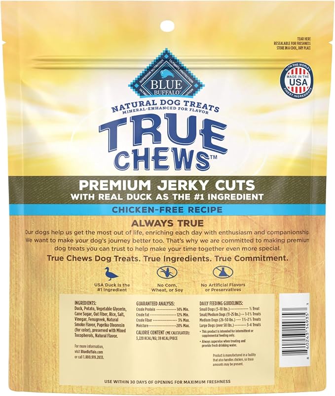 Blue Buffalo True Chews Premium Jerky Cuts Duck Dog Treats, 22 oz | Chicken-Free Recipe, Real Duck First, Made in the USA, No Artificial Preservatives