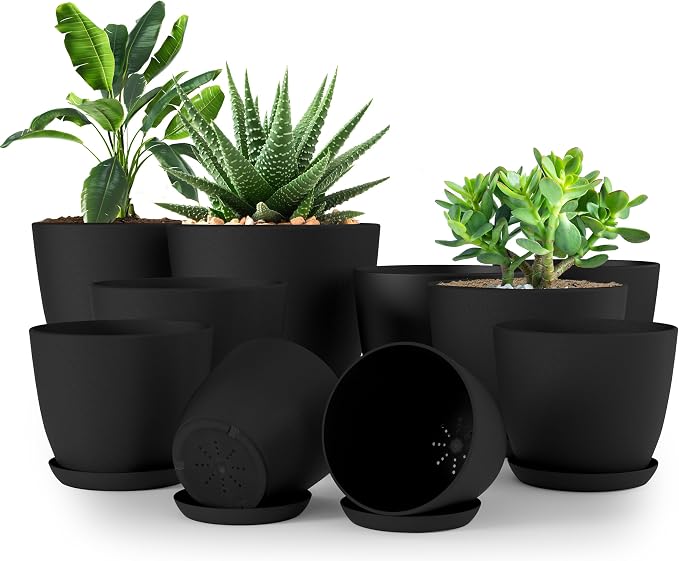 Plant Pots Indoor with Drainage, 10 Pack Multi-Size Planters Set, Black | Drainage holes included Multiple sizes 7/6.6/6/5.3/4.8 In Indoor plants and flowers Durable plastic construction