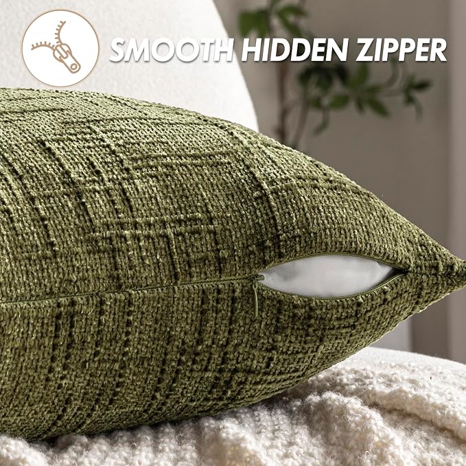 MIULEE Chenille Textured Throw Pillow Covers Olive Green 20x20 Set of 2 | Slubby Decorative Pillows, Boho Farmhouse Home Decor, Modern Neutral Cushion Covers for Couch Sofa Bed Living Room