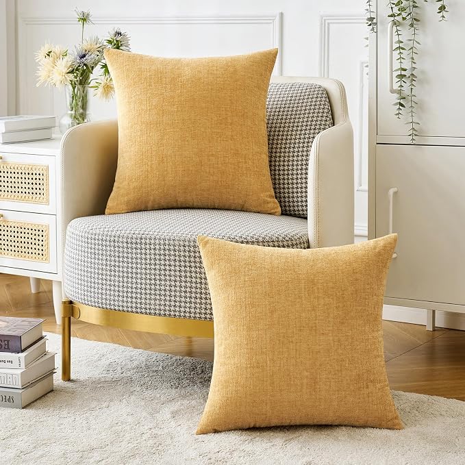 MIULEE Soft Chenille Throw Pillow Covers Gold 16x16 Inch Pack of 2 | Modern Home Decor, Classic Decorative Pillows, Solid Dyed Cases, Boho Couch Cushion Covers for Sofa Bed Living Room