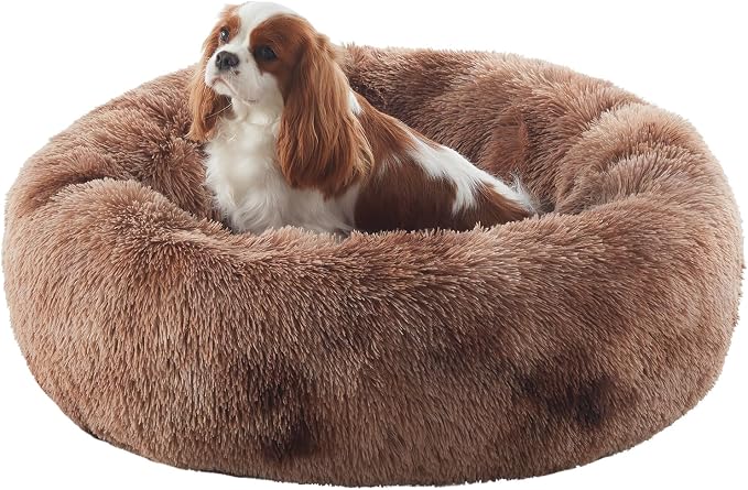 30 in Faux Fur Fluffy Donut Dog Bed for Medium Dogs,Tie-dye Brown | Calming Plush Round Pet Bed with Removable & Washable Cover,Fits up to 45 lbs Pets
