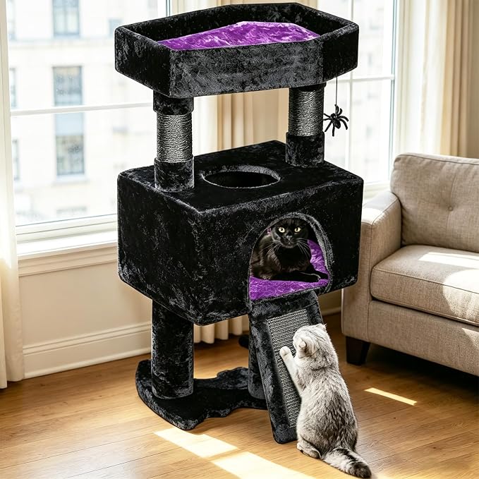 BEWISHOME Cat Tree Tower for Indoor Cats, Gothic Cat Trees with Coffin Bed | Cat Condo Cat House with Scratching Board, Cat Shelves with Spider Toy, Pet Play Activity Center Black with Purple, MMJ95Z
