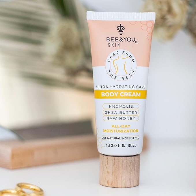 BEE and YOU Ultra Hydrating Body Cream Moisturizer, Shea Butter, Argan Oil, Vitamin B5, Raw Honey and Propolis Extract, 100% Natural, Fast Absorbing Skin Care, 3.38 fl. Oz