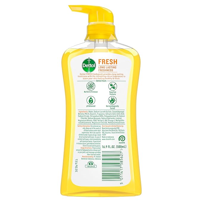 Dettol Fresh Body Wash and Shower Gel, Fresh Yuzu Citrus Scent Body Wash, 16.90 Fl Oz (Pack of 1)